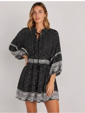black and white aztec print trim long sleeve mini dress Black & White Floral Collared Buckle Mini Dress | Womens | XX-Small (Available in XS, S, M) | 100% Cotton